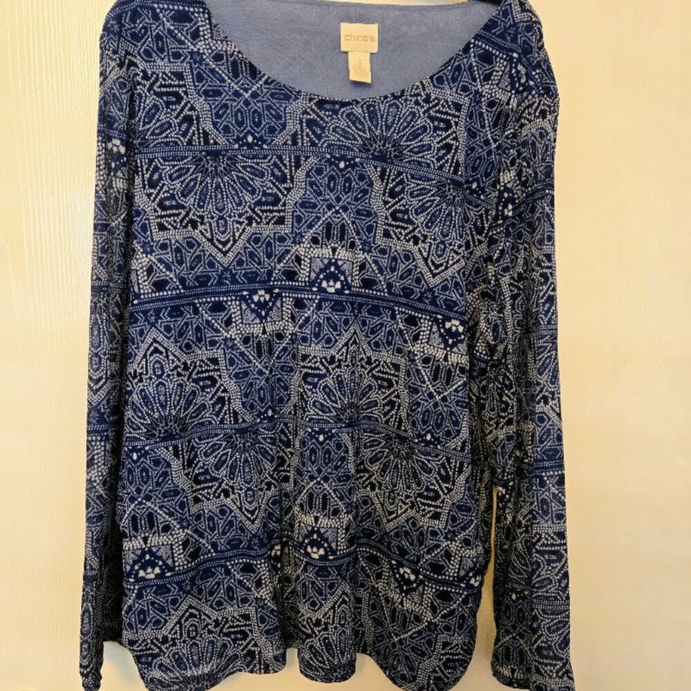 Chico's blue and white print L/S tunic top‎ Size 3/XL